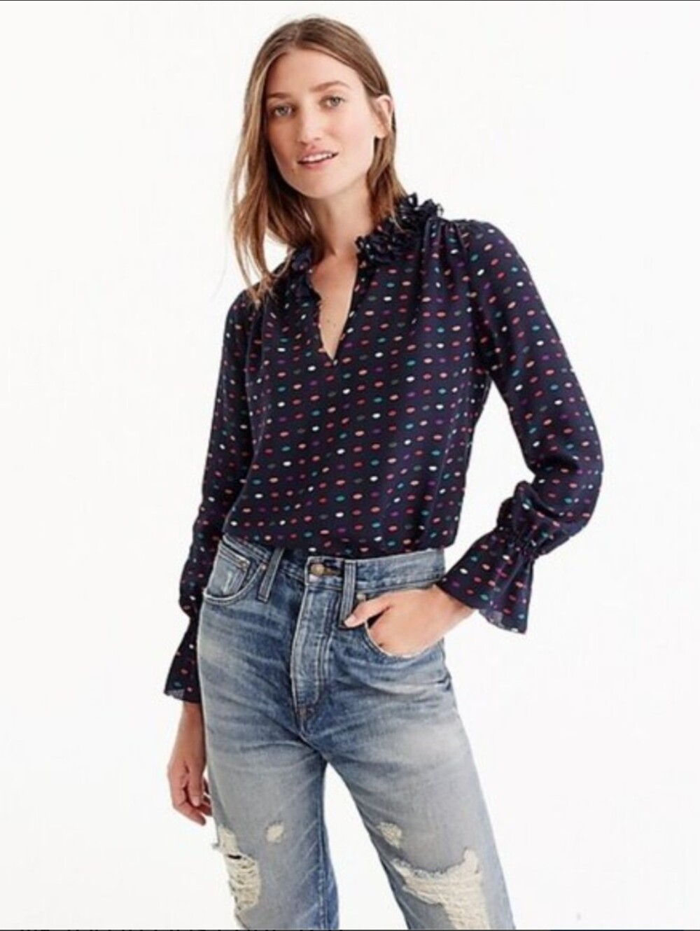 J. Crew Navy Ruffle V-Neck Lip Print Silk Blouse Size 4